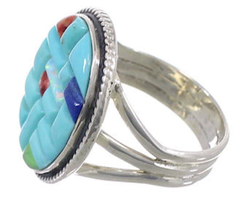 Southwest Multicolor Inlay Genuine Sterling Silver Ring Size 6-3/4 CX51645