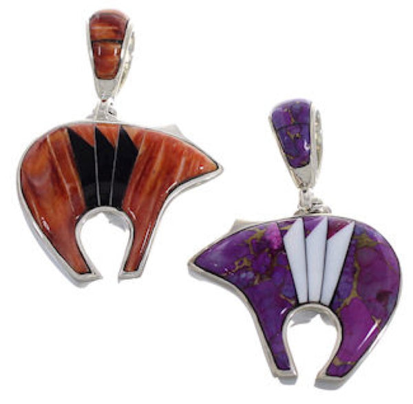 Multicolor Inlay Reversible Bear Sterling Silver Pendant PX30880