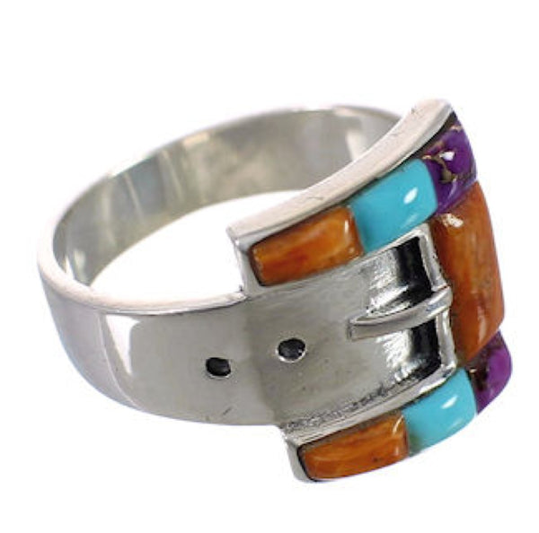 Sterling Silver Multicolor Inlay Belt Ring Size 6-3/4 CX50407