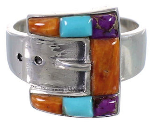Sterling Silver Multicolor Inlay Belt Ring Size 6-3/4 CX50407