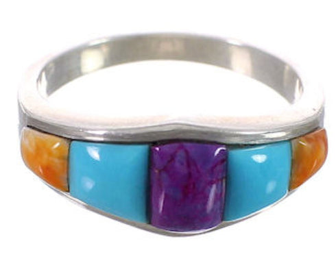 Southwest Sterling Silver Multicolor Inlay Ring Size 7-3/4 CX50424