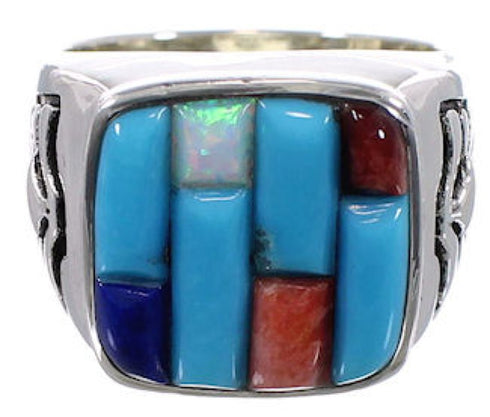 Southwest Sterling Silver Multicolor Inlay Ring Size 8-3/4 CX50020