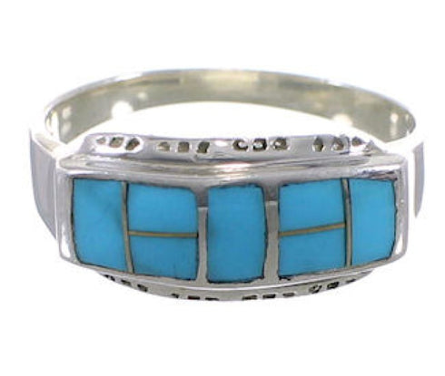 Southwest Turquoise Inlay Silver Ring Size 8-1/2 EX51422