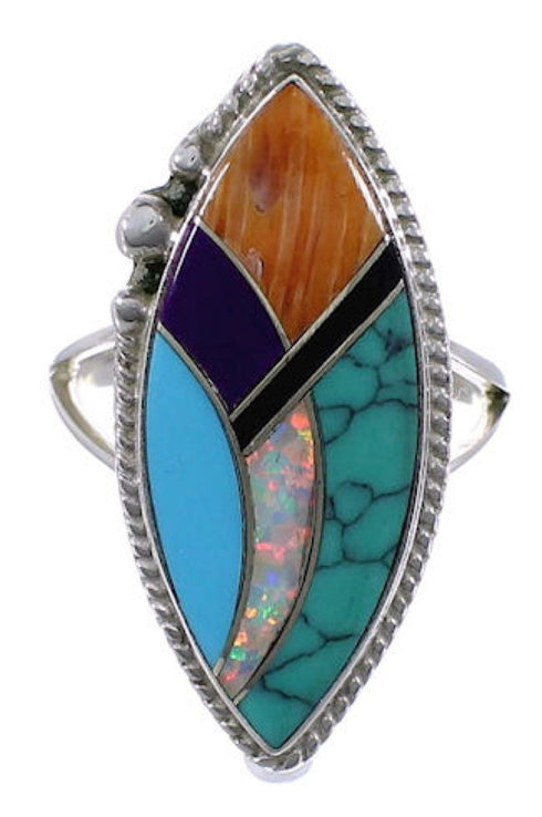 Genuine Sterling Silver And Multicolor Inlay Ring Size 7-1/4 EX51437