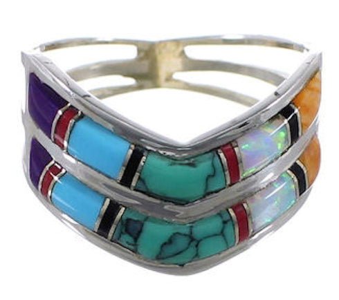 Sterling Silver Southwest Multicolor Inlay Ring Size 6-3/4 EX51460