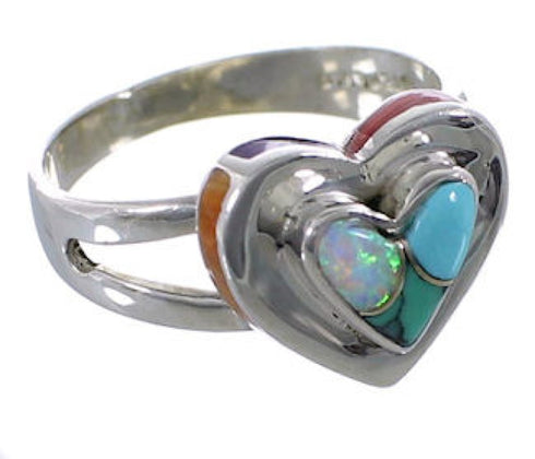 Multicolor Inlay Heart Sterling Silver Ring Size 6-3/4 EX51466