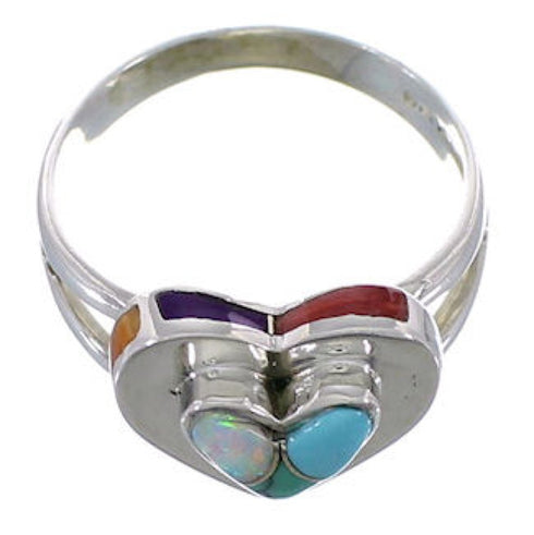 Multicolor Inlay Heart Sterling Silver Ring Size 6-3/4 EX51466