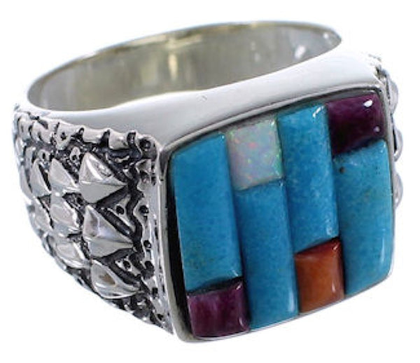 Southwestern Sterling Silver Multicolor Inlay Ring Size 9-1/4 AX37317