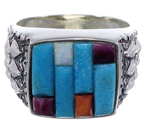 Southwestern Sterling Silver Multicolor Inlay Ring Size 9-1/4 AX37317