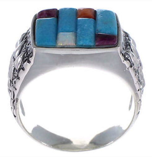 Southwestern Sterling Silver Multicolor Inlay Ring Size 9-1/4 AX37317