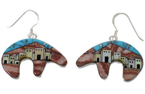 Native American Village Design Multicolor Silver Bear Earrings EX31214