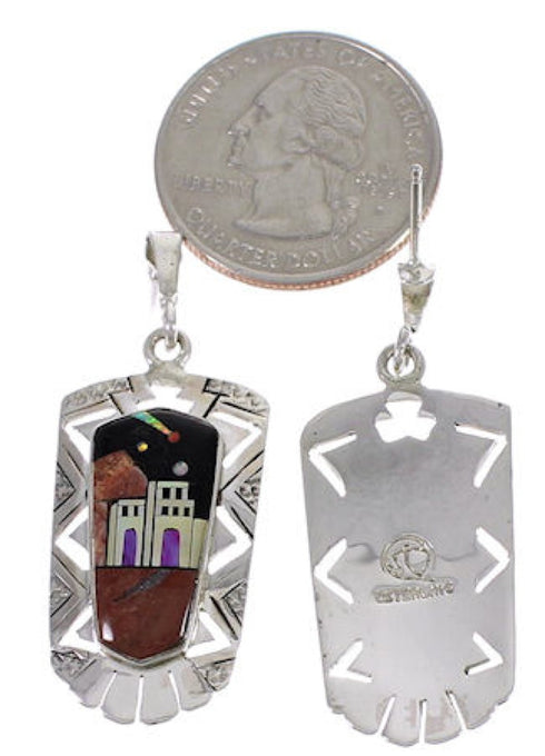 Native American Pueblo Design Silver Multicolor Inlay Earrings EX31263