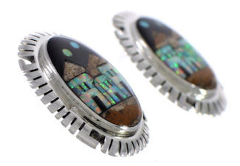Native American Village Design Multicolor Silver Earrings EX31269