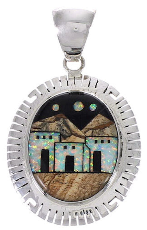 Native American Village Design Silver Multicolor Inlay Pendant EX31280