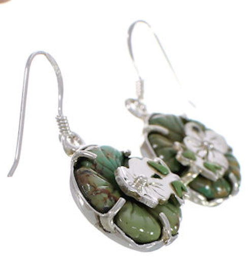 Turquoise Inlay Dragonfly Flower Silver Hook Dangle Earrings PX31765