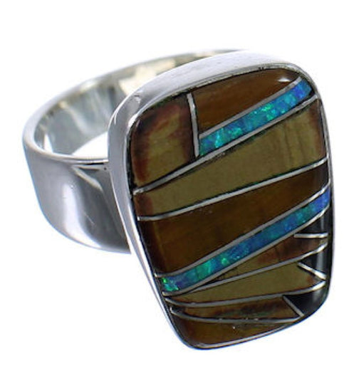 Substantial Sterling Silver Multicolor Inlay Ring Size 6-1/4 EX40225