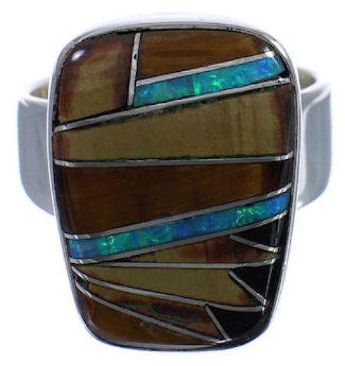 Substantial Sterling Silver Multicolor Inlay Ring Size 6-1/4 EX40225