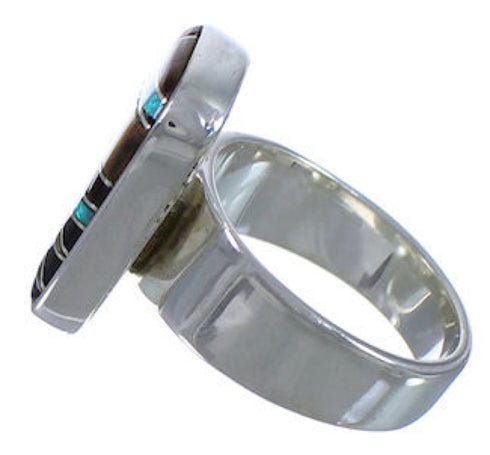 Substantial Sterling Silver Multicolor Inlay Ring Size 6-1/4 EX40225