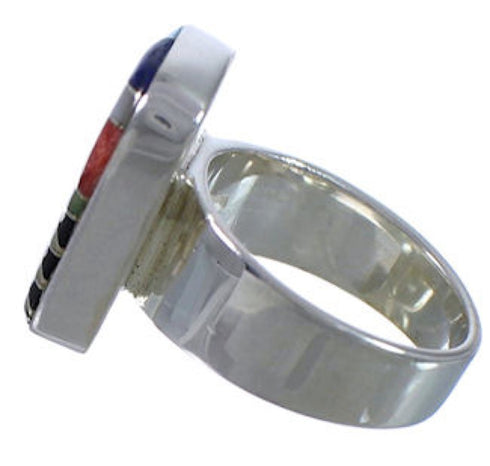 Substantial Sterling Silver Multicolor Inlay Ring Size 5-3/4 EX40298