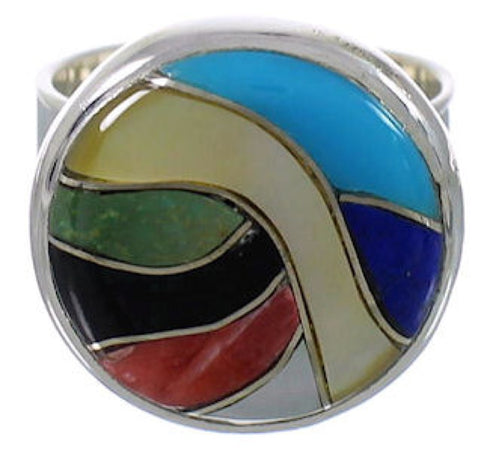 Sturdy Sterling Silver Multicolor Inlay Ring Size 7-1/4 WX38358