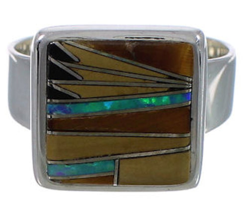 Well-Built Multicolor Inlay Silver Ring Size 7-3/4 WX39904