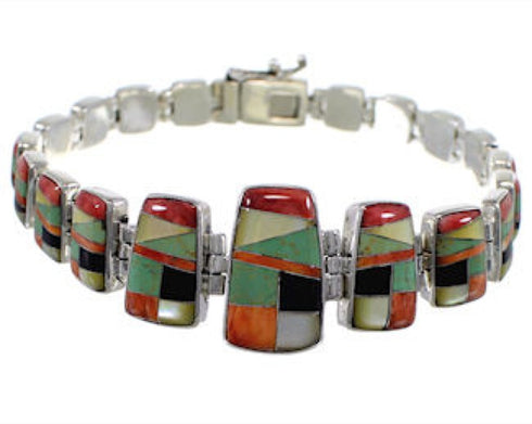 Multicolor Inlay Sterling Silver Whiterock Link Bracelet RS46044