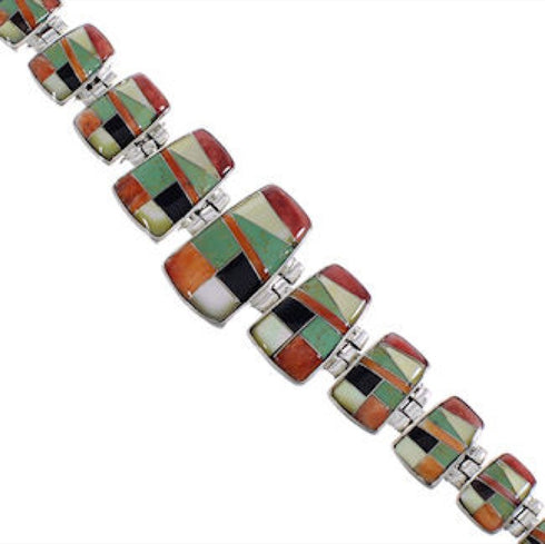 Multicolor Inlay Sterling Silver Whiterock Link Bracelet RS46044