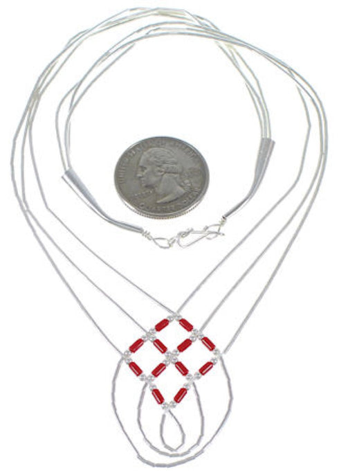 Hand Strung Coral & Liquid Silver Basket Weave Necklace Jewelry LS45C