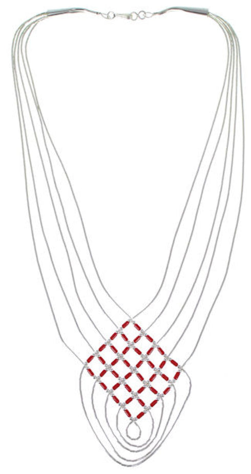 Hand Strung Liquid Sterling Silver And Coral Basket Weave Necklace LS46CR