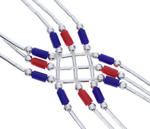 Hand Strung Liquid Silver Coral Lapis Basket Weave Bracelet NS54568