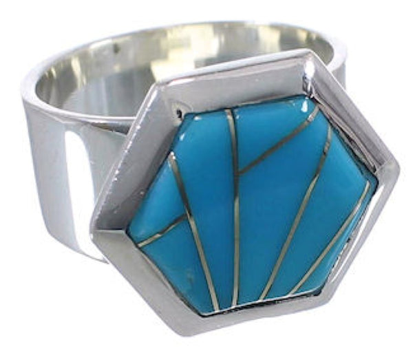 Turquoise Inlay Sterling Silver Sturdy Ring Size 7-1/2 EX40542