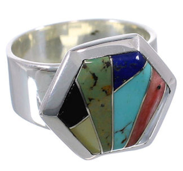 Multicolor Inlay Silver Well-Built Ring Size 8-1/4 EX40616