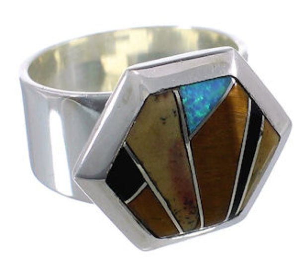 Well-Built Multicolor Inlay And Silver Ring Size 6-1/4 EX40750