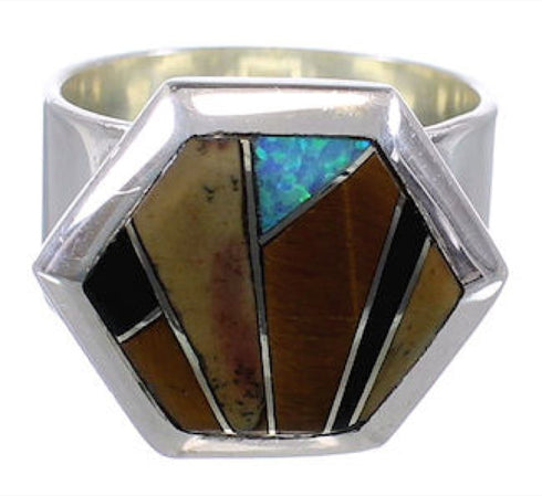 Southwestern Multicolor Inlay Substantial Ring Size 7-1/4 EX40748