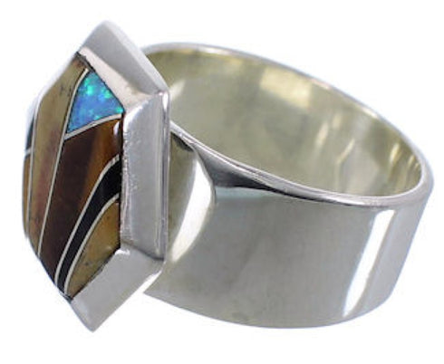 Well-Built Multicolor Inlay And Silver Ring Size 6-1/4 EX40750