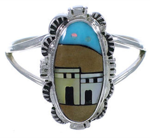 Silver Multicolor Native American Village Design Ring Size 8 TX40815