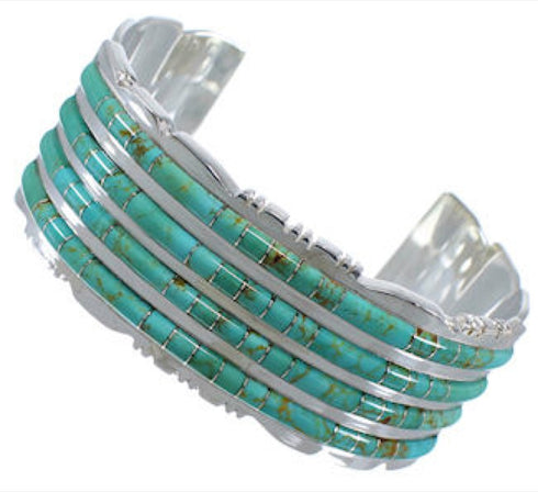 Turquoise Inlay Southwest Sterling Silver Heavy Cuff Bracelet EX28736