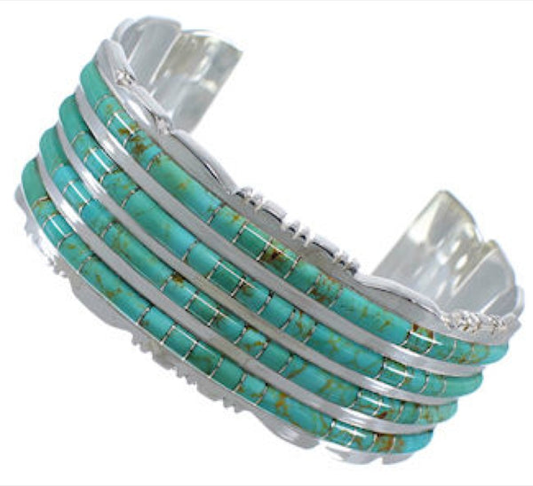Turquoise Inlay Southwest Sterling Silver Heavy Cuff Bracelet EX28736