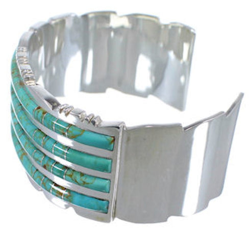 Turquoise Inlay Southwest Sterling Silver Heavy Cuff Bracelet EX28736