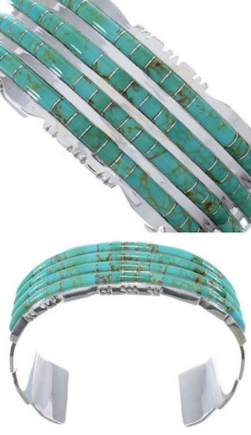 Turquoise Inlay Southwest Sterling Silver Heavy Cuff Bracelet EX28736