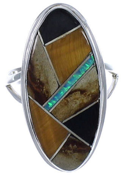Southwest Sterling Silver Multicolor Inlay Ring Size 5-3/4 UX34118
