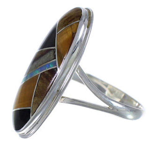 Sterling Silver Multicolor Inlay Southwestern Ring Size 8 UX34125