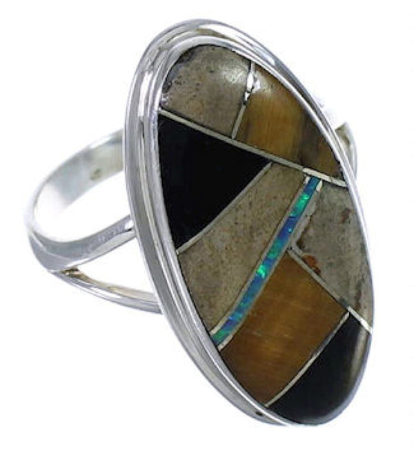Southwestern Sterling Silver Multicolor Inlay Ring Size 5-1/4 UX34131