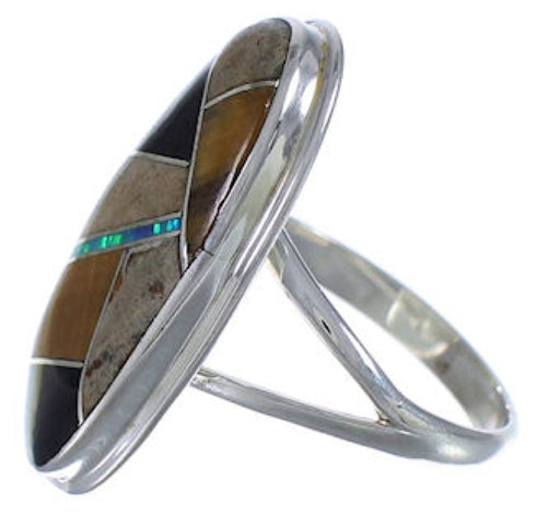 Southwestern Sterling Silver Multicolor Inlay Ring Size 5-1/4 UX34131