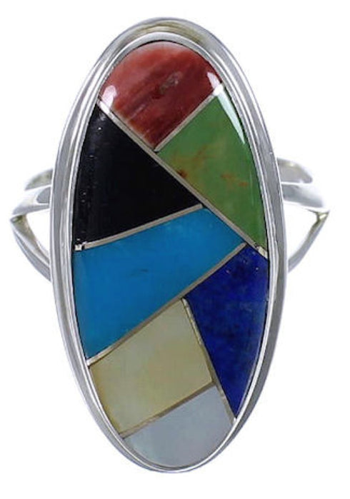 Southwestern Sterling Silver Multicolor Inlay Ring Size 6-1/4 UX34171