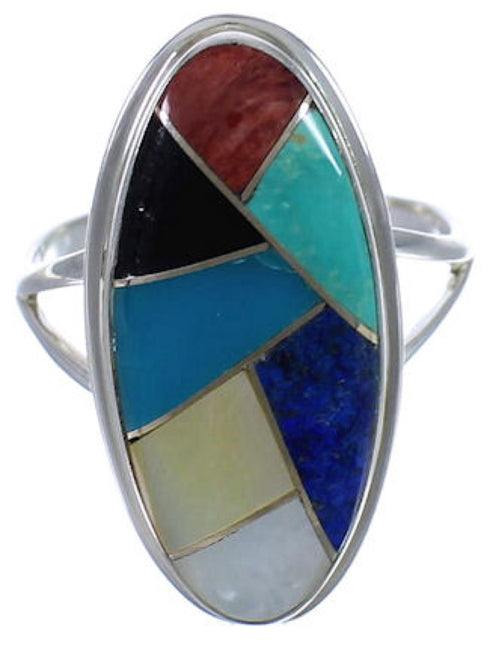 Southwestern Sterling Silver Multicolor Inlay Ring Size 8 UX34183