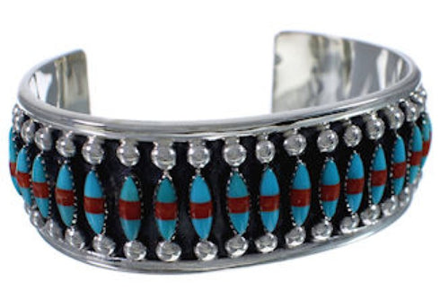 Southwest Turquoise Coral Well-Built Silver Cuff Bracelet EX28333