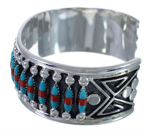 Southwest Turquoise Coral Well-Built Silver Cuff Bracelet EX28333