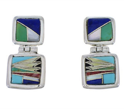 Silver Multicolor Inlay Post Dangle Earrings FX31007