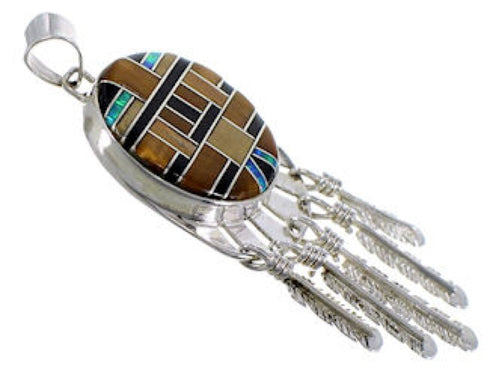 Southwest Multicolor Inlay Sterling Silver Feather Pendant PX28999